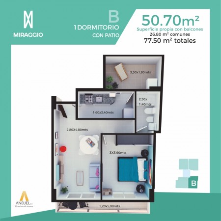 1 Dormitorio B con patio - Edificio Miraggio